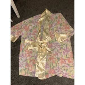 Victorias Secret Gold Label Vintage Satin Kimono Robe Pink Purple Yellow Floral